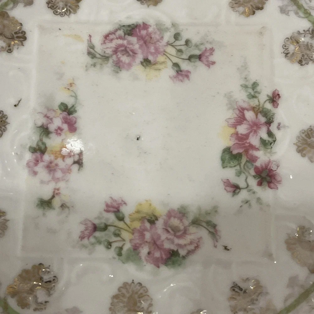 Imperial China Austria Unusual Plate Trivet Floral Gold Green Square Octagonal